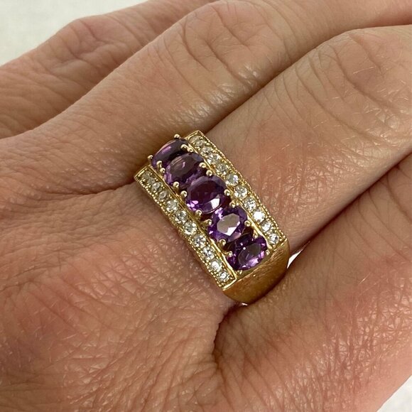 Gold Vermeil Sterling Silver 925 Prong Set Oval Amethyst CZ Wide Band Ring Sz 9 - Picture 3 of 16